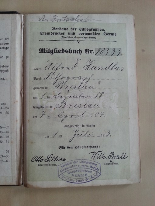 Verband der Lithographen Mitgliedsbuch 1913