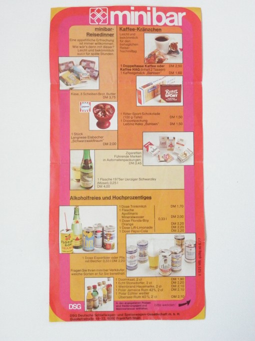 Deutsche Bundesbahn Mitropa Preisliste 1977