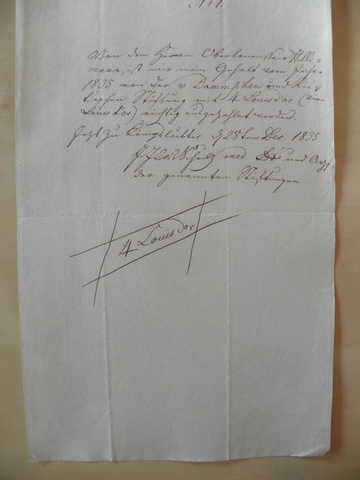 von Damm Quittung 1835 4 Louisdor