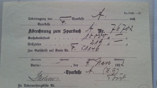 Abrechnung zum Sparbuch 1922