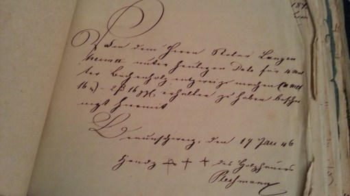 von Damm Beleg 1846 Handz. xxx des Holzhauers Plersmann