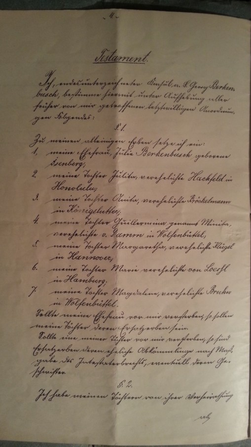 Testament des Weiland Consuls Georg Berkenbusch 27. Juni 1901