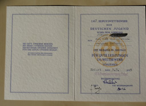 DDR Auszeichnung Berufswettbewerb der Deutschen Jugend 1955